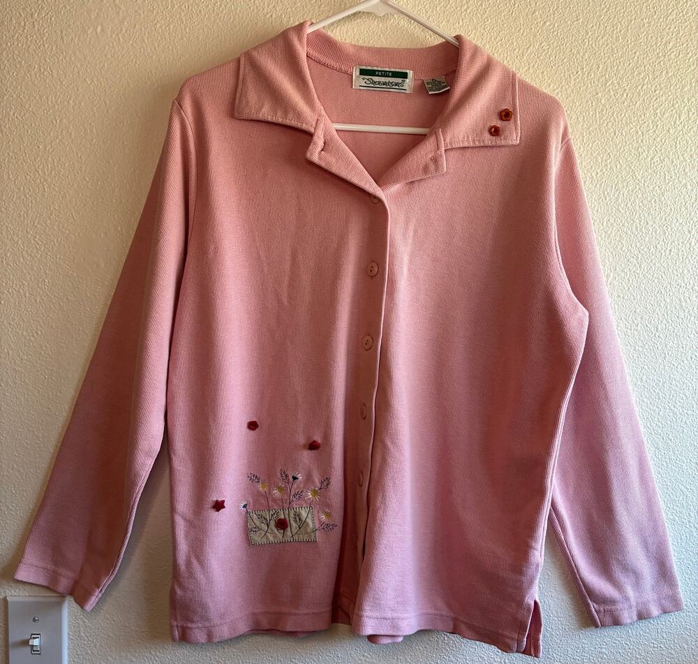 VTG Shenanigans | Pink Button Up Long Sleeve Embroidered Shirt | Petite Large